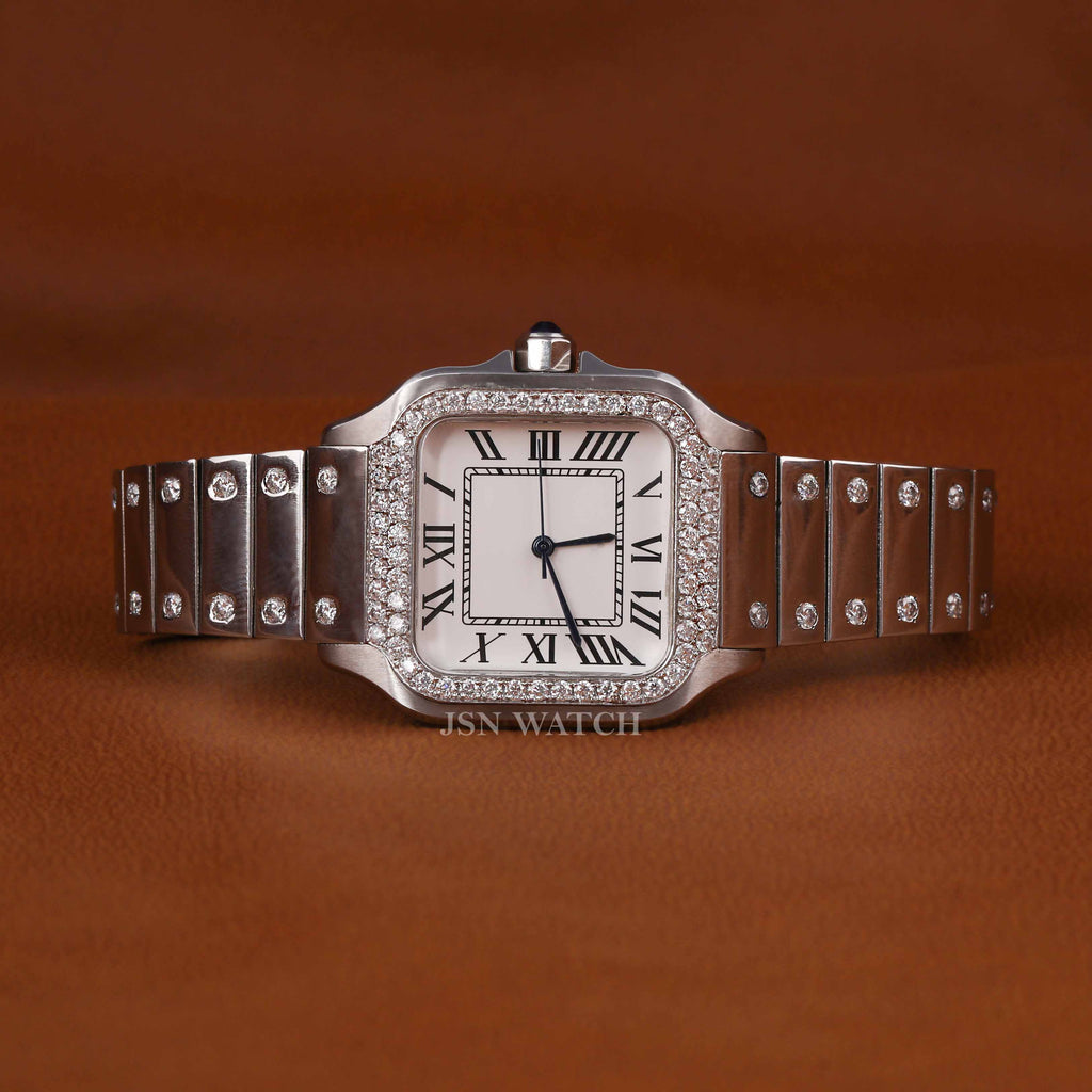 Moissanite Diamond Square Dial Part Iced Out Watch For Men's Stainless Steel