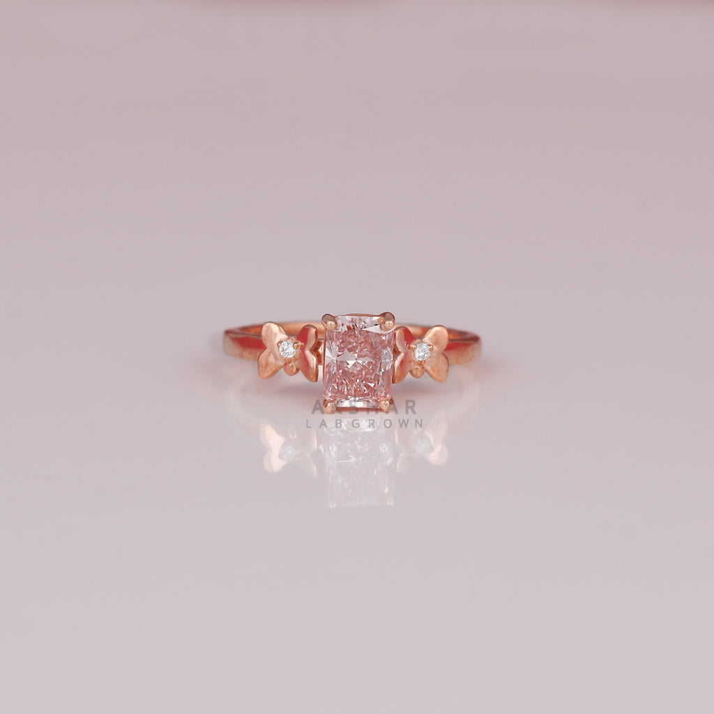 0.82 CT Pink Radiant Cut Lab Grown Diamond Leaf Band Solitaire Ring