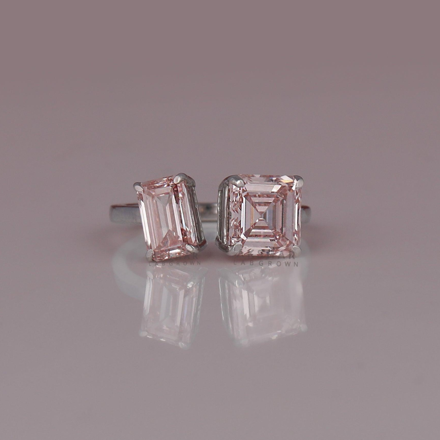 3 Ctw Pink Color Asscher & Emerald Cut Lab Diamond Two Stone Ring