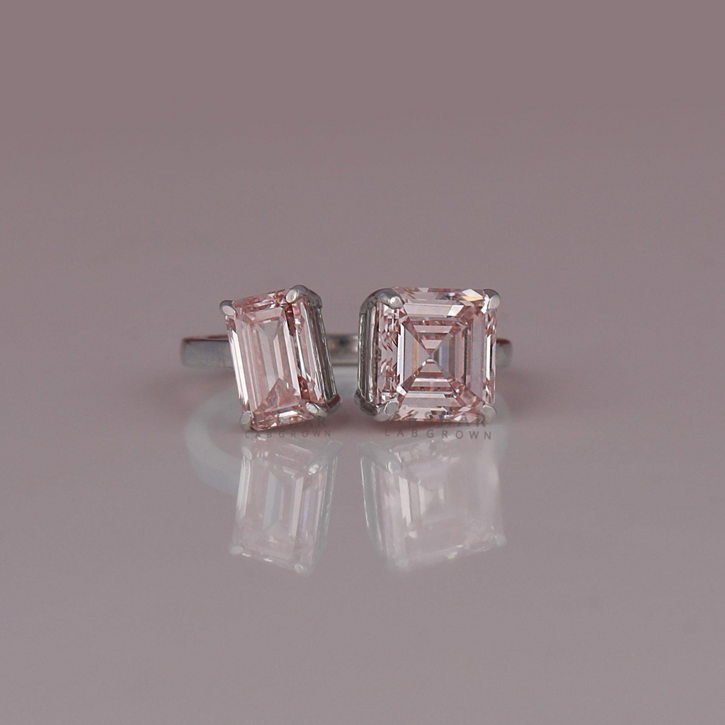 3 Ctw Pink Color Asscher & Emerald Cut Lab Diamond Two Stone Ring