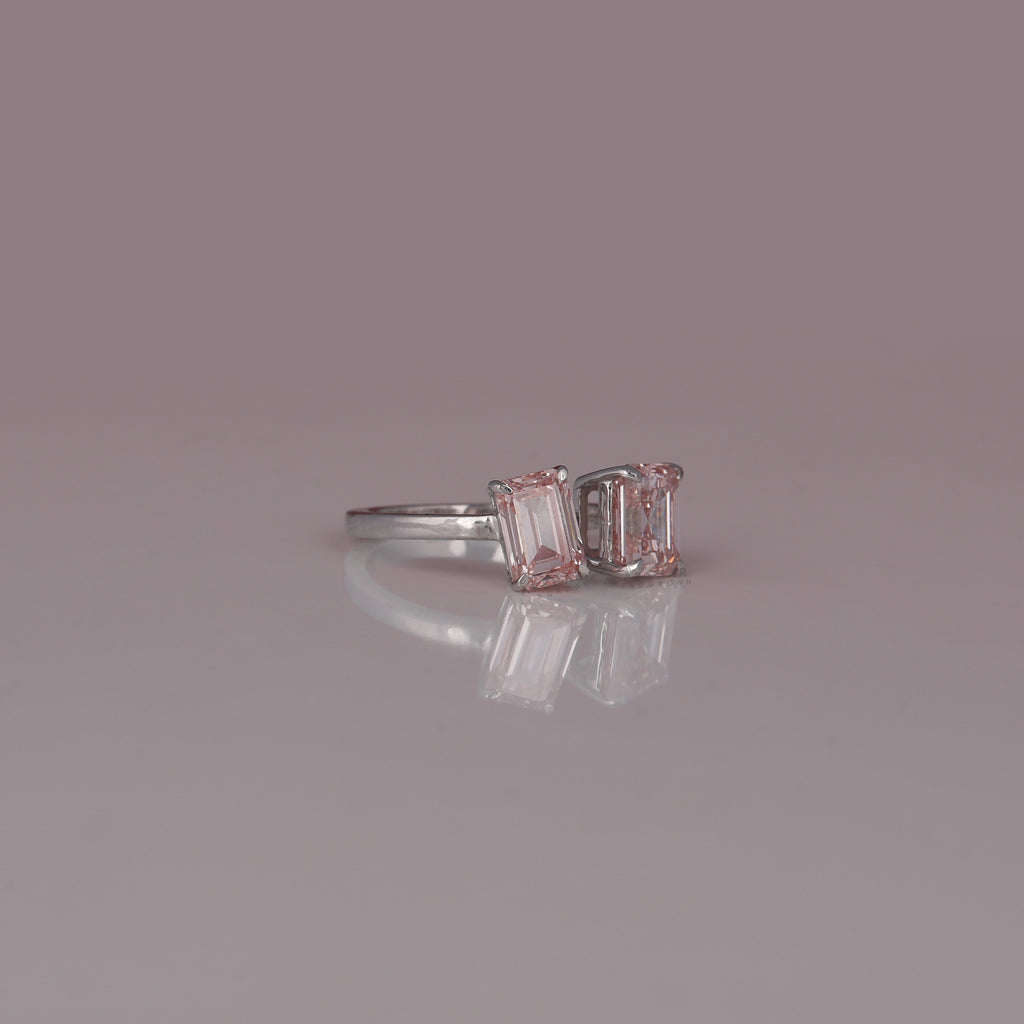 3 Ctw Pink Color Asscher & Emerald Cut Lab Diamond Two Stone Ring