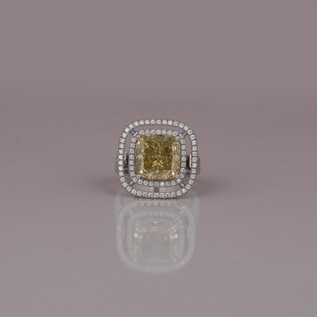 5 CT Cushion Cut Yellow Lab Diamond Bridal Double Halo Ring