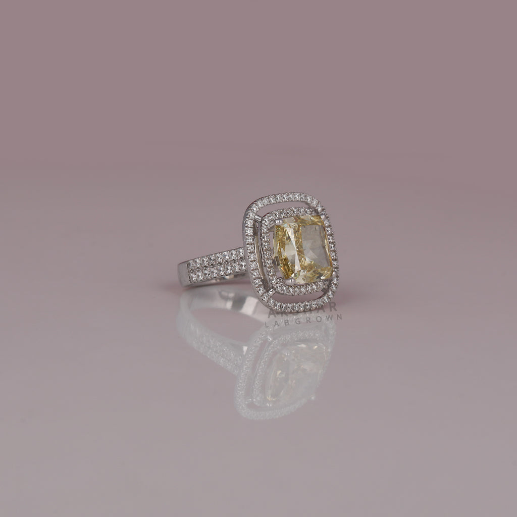 5 CT Cushion Cut Yellow Lab Diamond Bridal Double Halo Ring