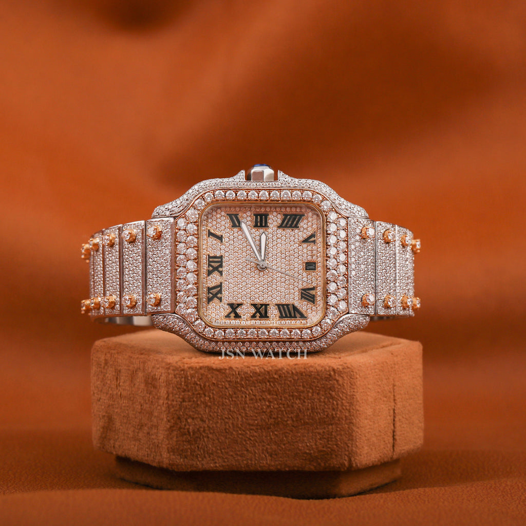 Fully Iced Out Square Dial Moissanite Diamond Watch With Roman Dial