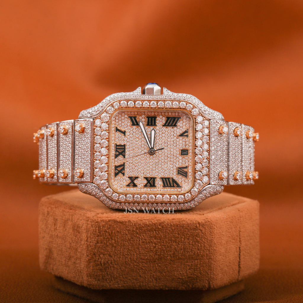 Fully Iced Out Square Dial Moissanite Diamond Watch With Roman Dial