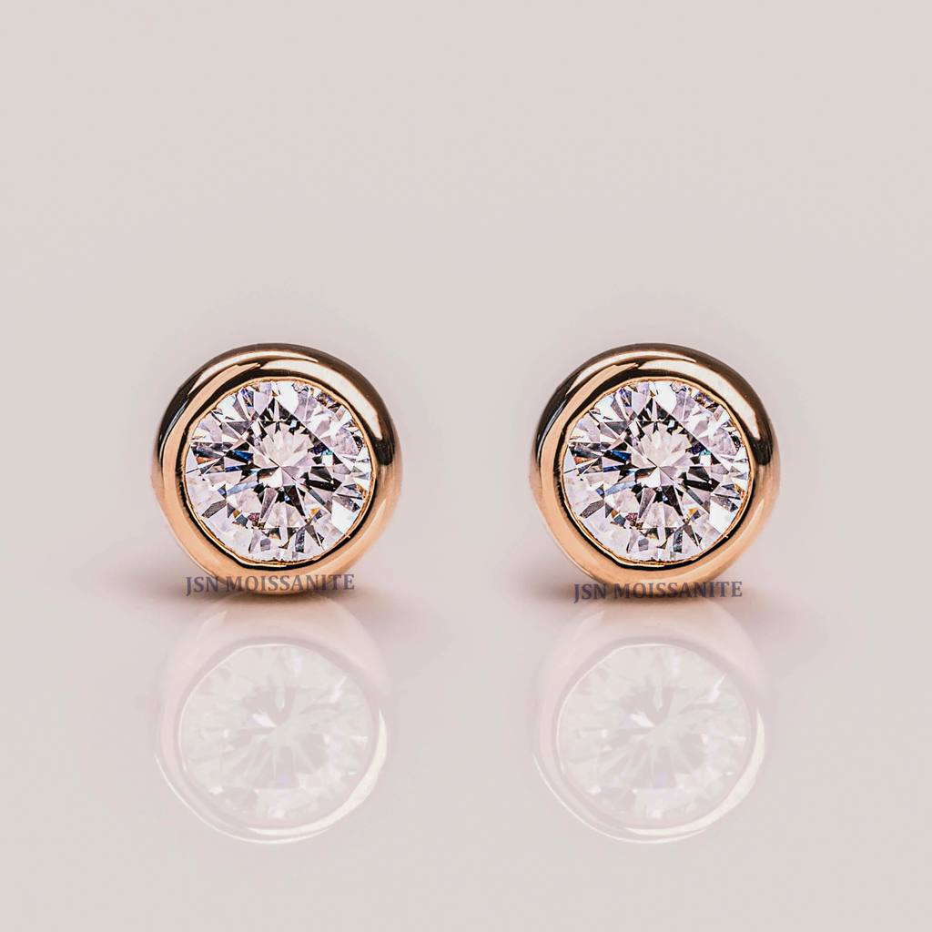 2 CT Each Moissanite Diamond Bezel Stud Earrings Push Back