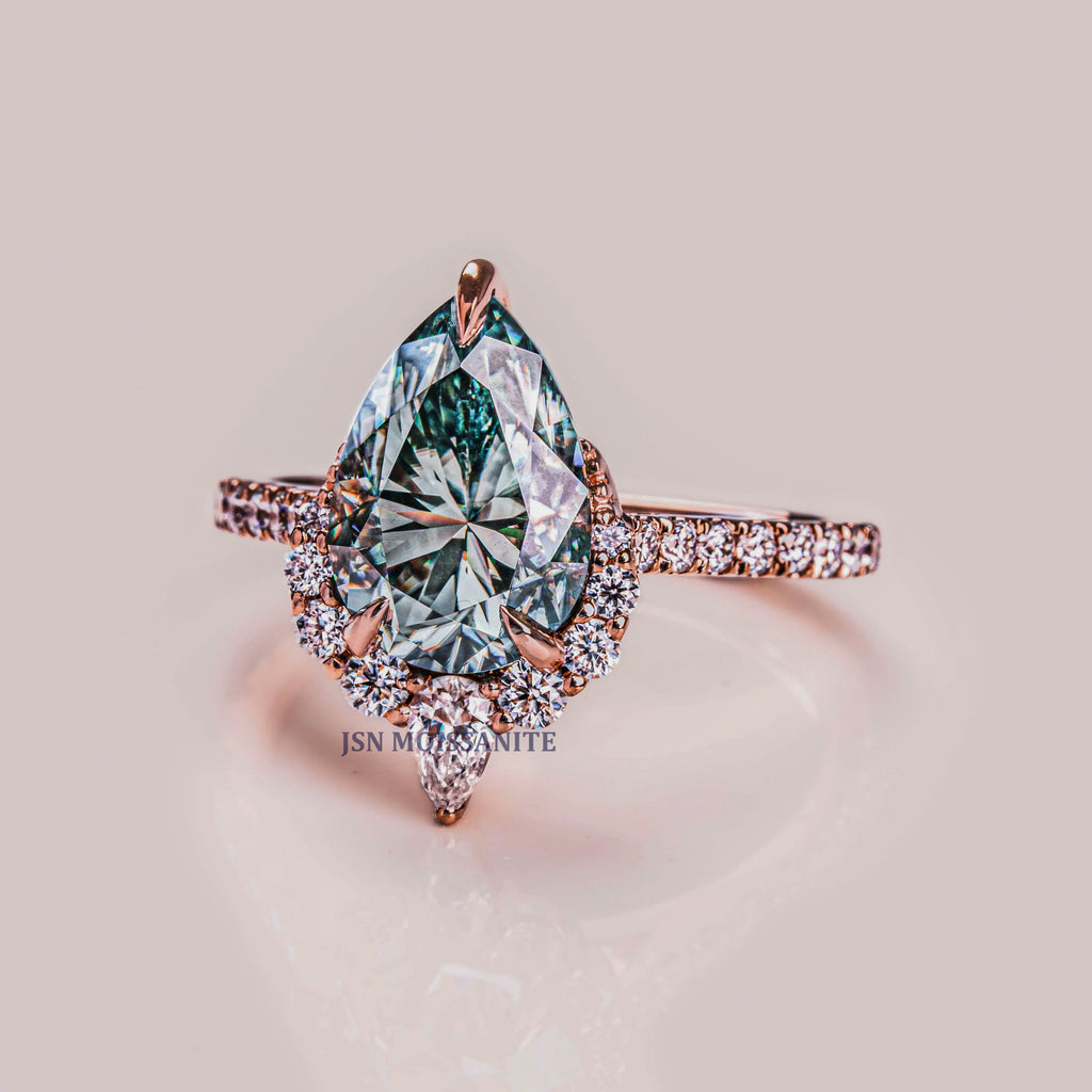 Light Green Pear Cut Moissanite Diamond Teardrop Engagement Ring