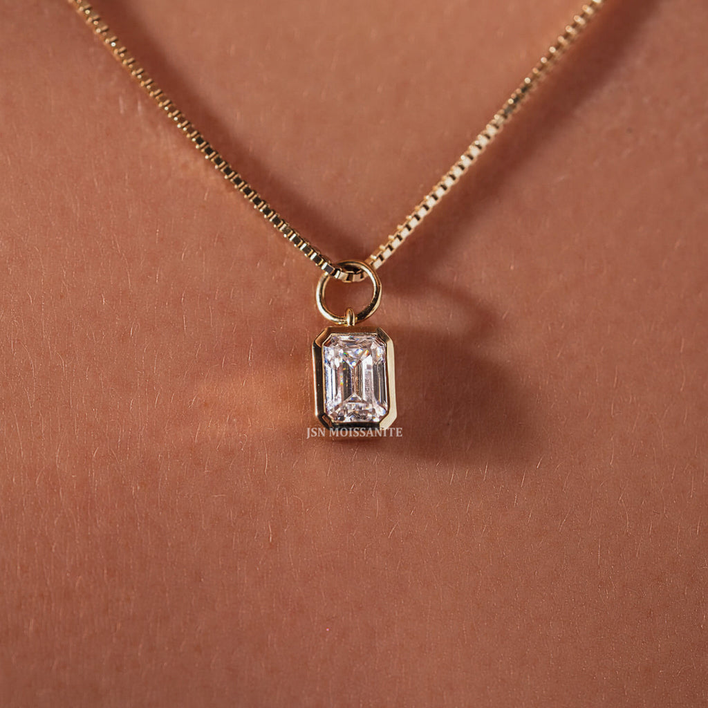 3 CT Emerald Cut Moissanite Diamond Bezel Setting Solitaire Pendant