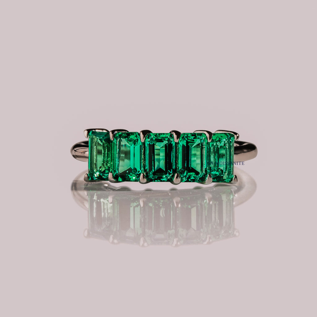 2.5 CT Emerald Cut Green Moissanite Five Stone Wedding Band