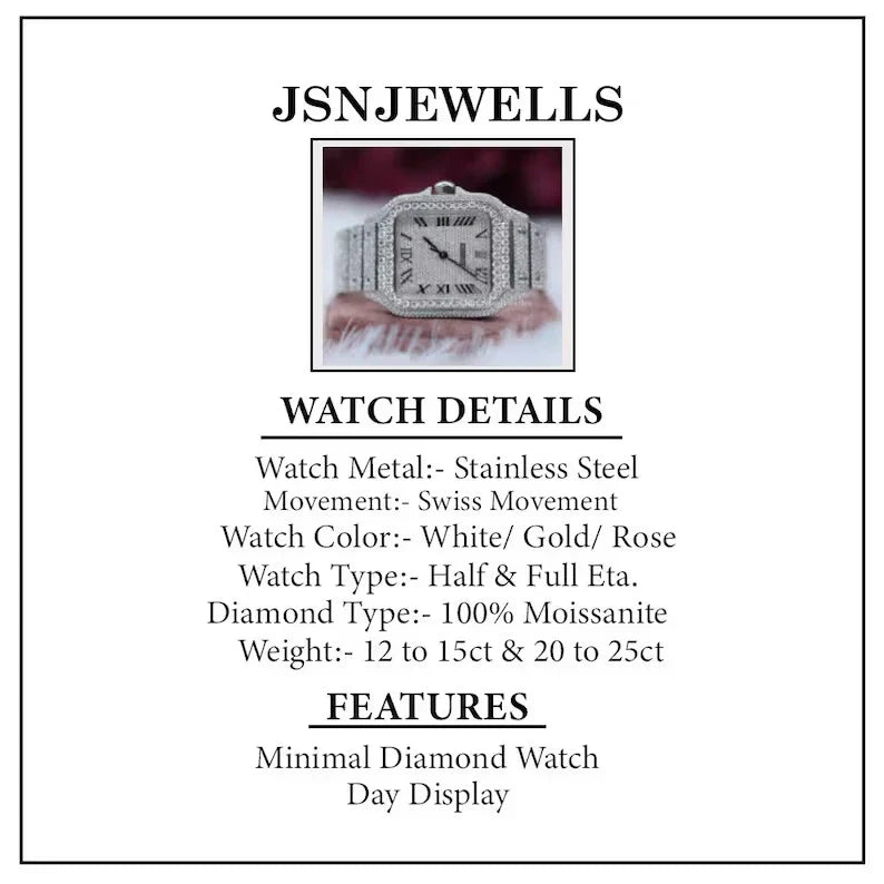 Fully Iced Out Square Dial Moissanite Diamond Watch With Roman Dial