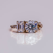 Round & Emerald Cut Two Stone Moissanite Diamond Engagement Ring