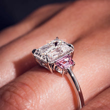 Moissanite Three Stone Engagement Ring White & Pink Color