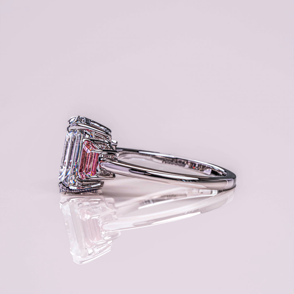 Moissanite Three Stone Engagement Ring White & Pink Color