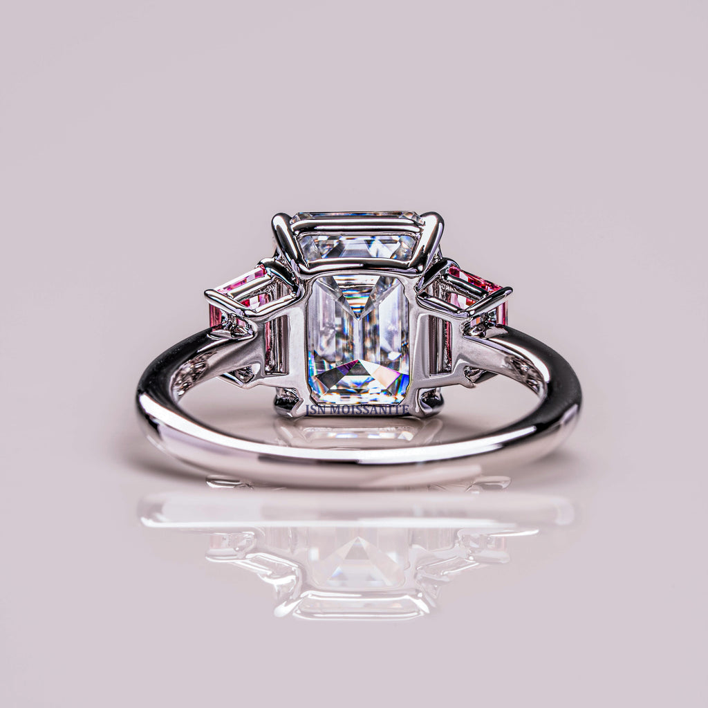 Moissanite Three Stone Engagement Ring White & Pink Color