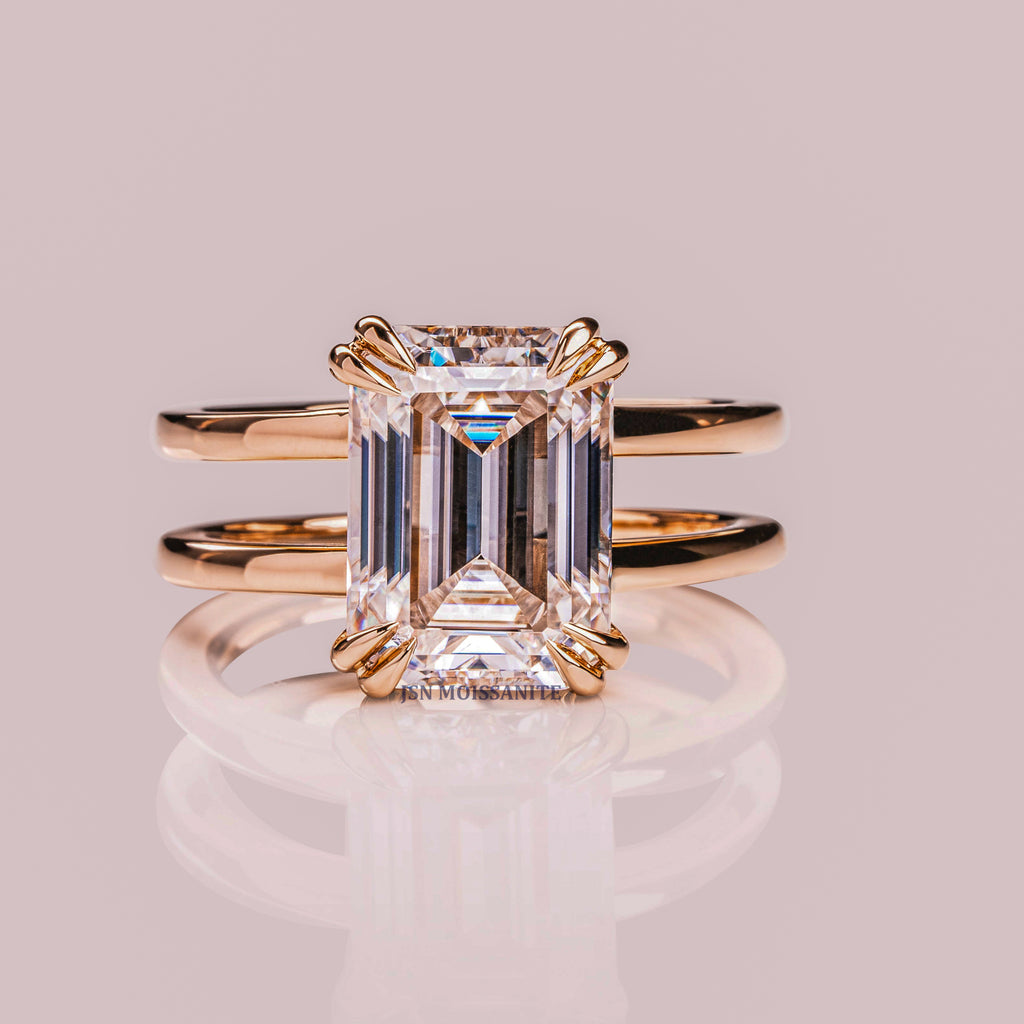 Emerald Cut Moissanite Engagement Ring Double Band