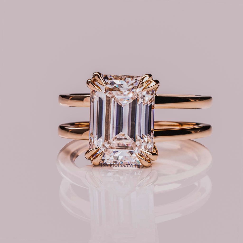 Emerald Cut Moissanite Engagement Ring Double Band