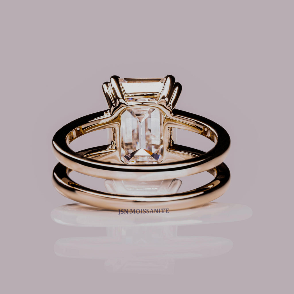 Emerald Cut Moissanite Engagement Ring Double Band