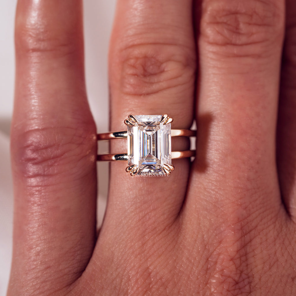 Emerald Cut Moissanite Engagement Ring Double Band