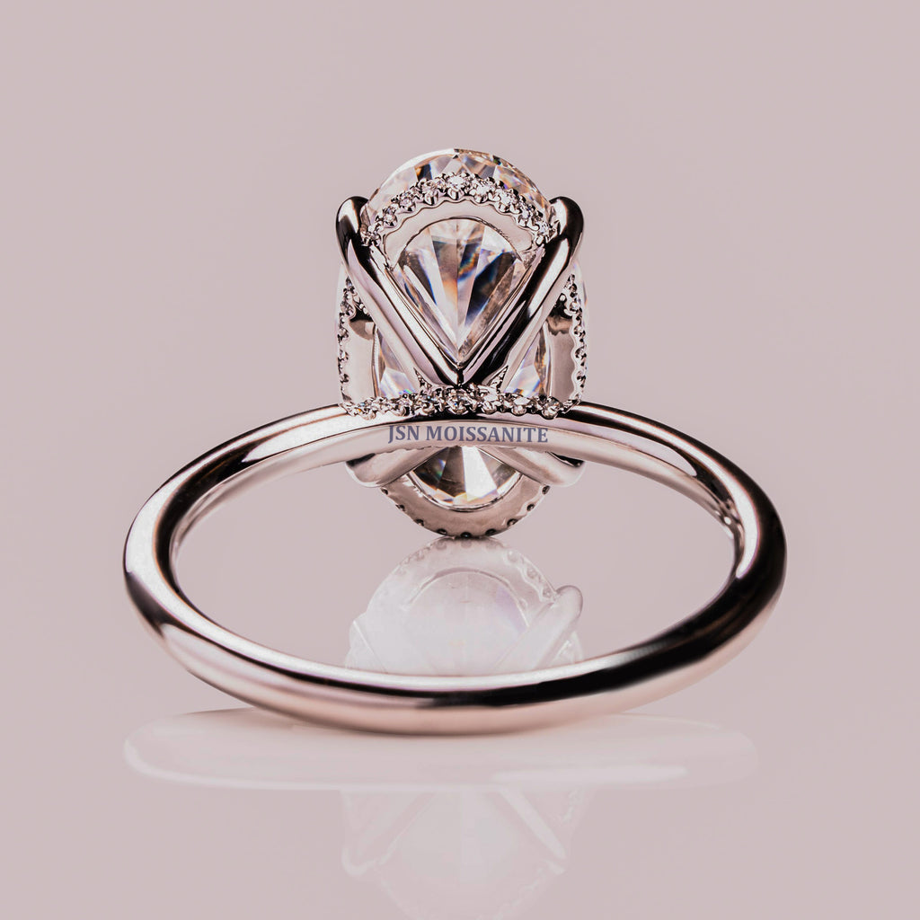 Oval Cut Moissanite Diamond Solitaire Engagement Ring Hidden Halo Setting