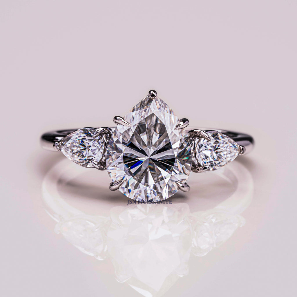 Three Stone Pear Cut Moissanite Diamond Engagement Ring