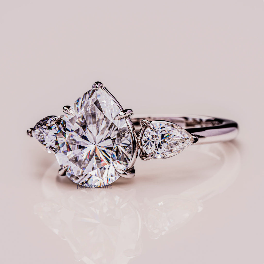 Three Stone Pear Cut Moissanite Diamond Engagement Ring