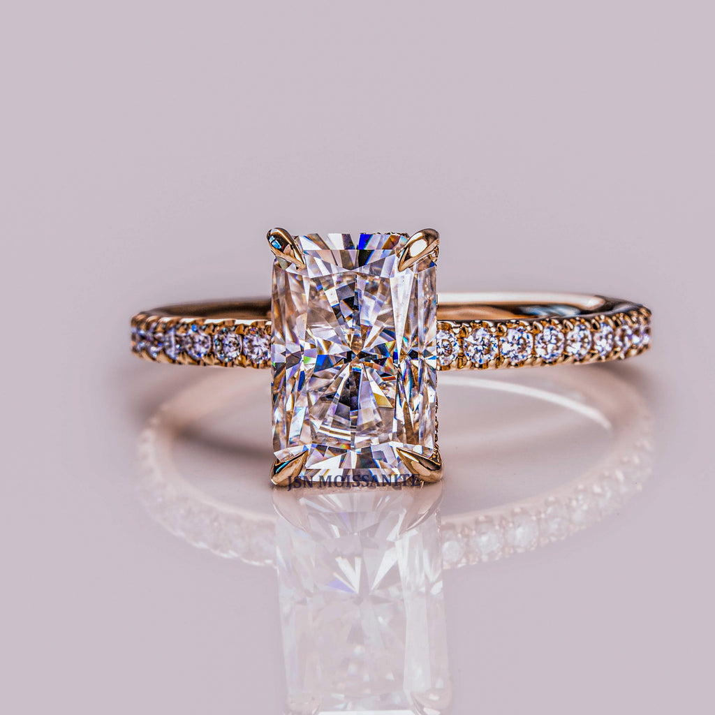 3 CT Radiant Cut Moissanite Diamond Solitaire With Hidden Halo Ring